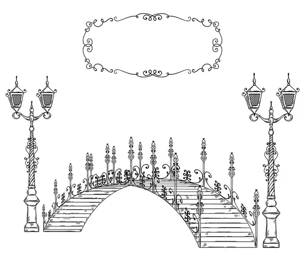 Jahrgangsbrücke Laterne Und Rahmen Mit Floralem Ornament Isolierte Objekte Handgezeichnete — Stockvektor