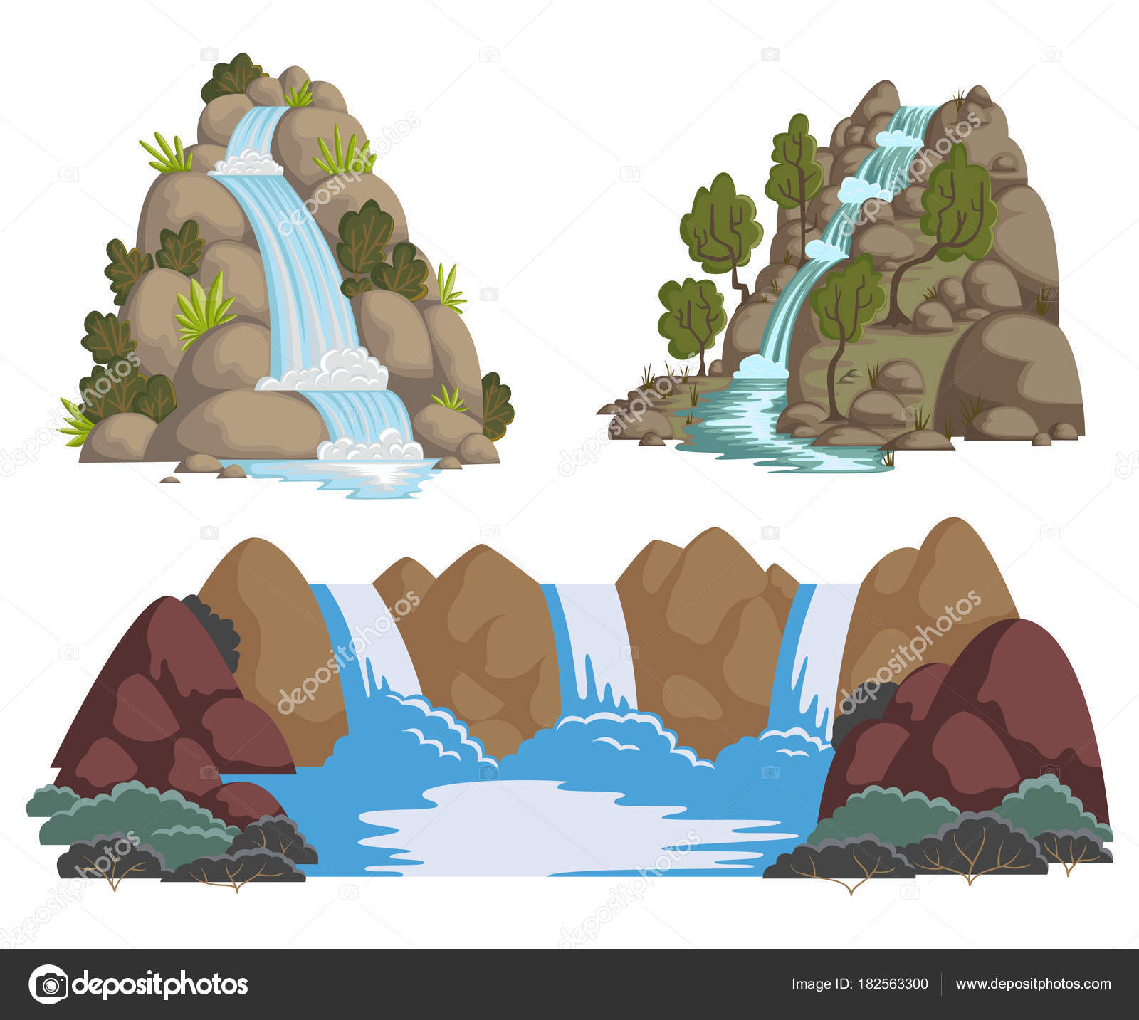Cascadas Preparadas Paisajes Dibujos Animados Con Montañas Árboles