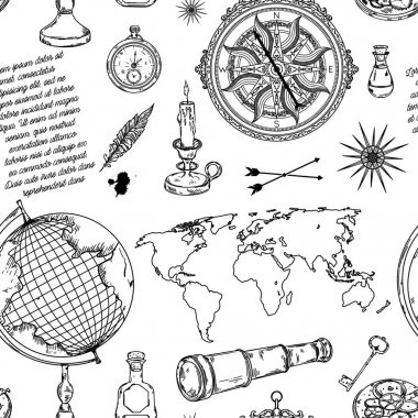 Küre, Pusula, Dünya Haritası ve Rüzgar gülü ile Seamless modeli. Vintage bilim nesneleri steampunk tarzı ayarlayın. Vektör çizim