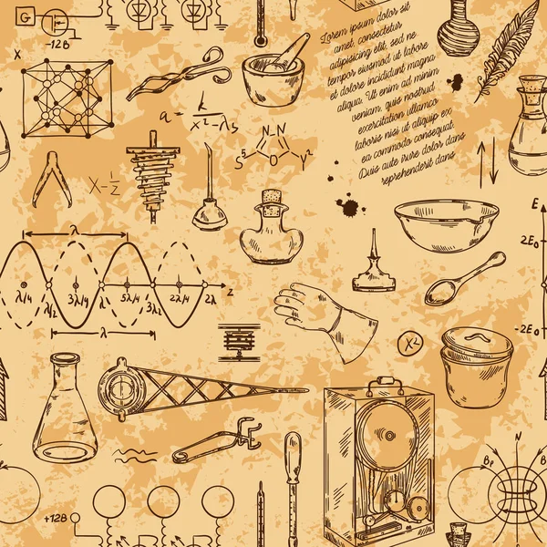 Seamless Pattern Vintage Science Objects Scientific Equipment Physics Chemistry Vector — Stock Vector