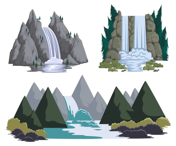 Cachoeiras Preparadas Paisagens Desenhos Animados Com Montanhas Árvores Ilustração Vetorial —  Vetores de Stock