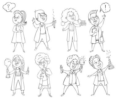 Çocuk bilim adamları ayarla. Çizgi film karakterleri. İzole öğeleri. Siyah ve beyaz vektör çizim