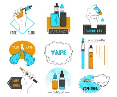 Vape etiketleri, amblem ve rozetleri topluluğu. Elektronik sigara, sıvı ve Buhar bulutu. Vektör çizim