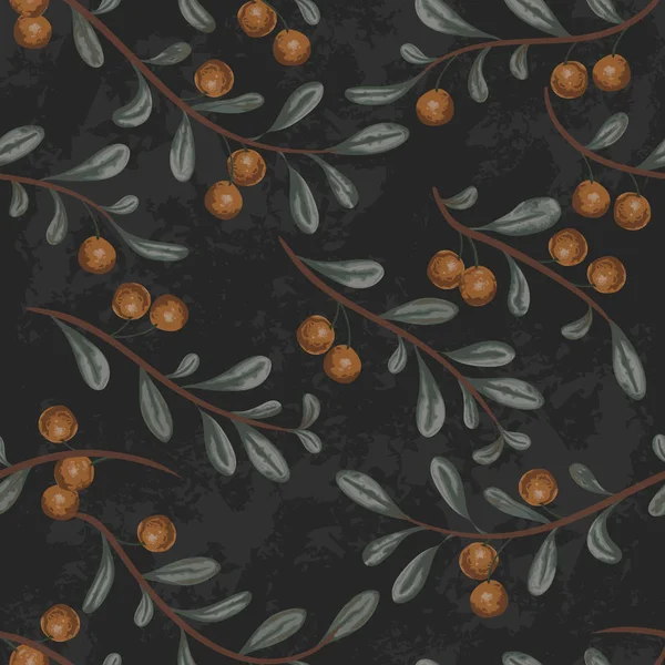 黒グランジ背景にクランベリーの工場とのシームレスなパターン 水彩風のビンテージ ベクトル図 — ストックベクタ