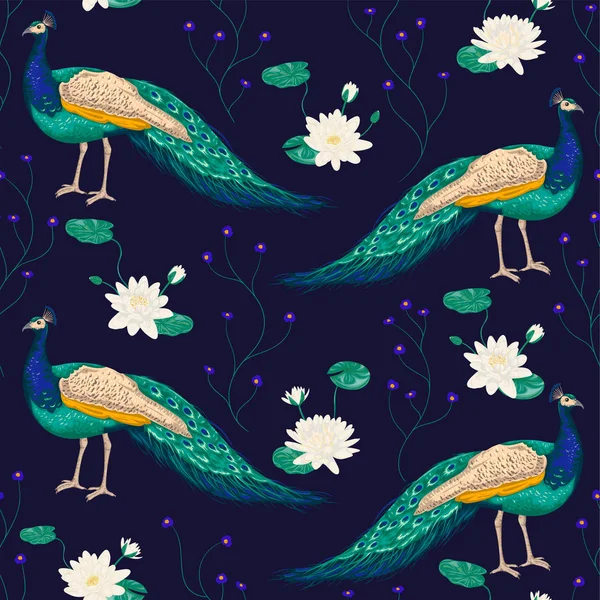 孔雀と睡蓮のシームレスなパターン 水彩風のビンテージ ベクトル図 — ストックベクタ