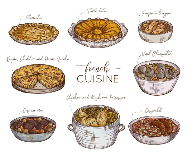 Cuisine Française Collection Nourriture Délicieuse Eléments Isolés Concept Design Pour — Image vectorielle