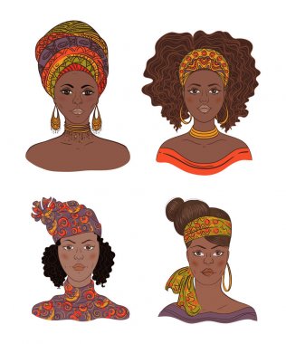 Afrikalı kadınlar portreleri topluluğu. Vektör çizim.