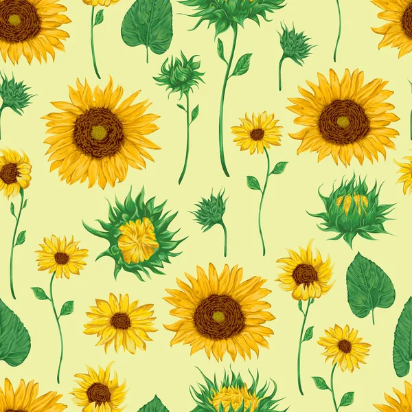 Seamless pattern with sunflowers. Flowers, buds and leaf. Vintage vector illustration in watercolor style.