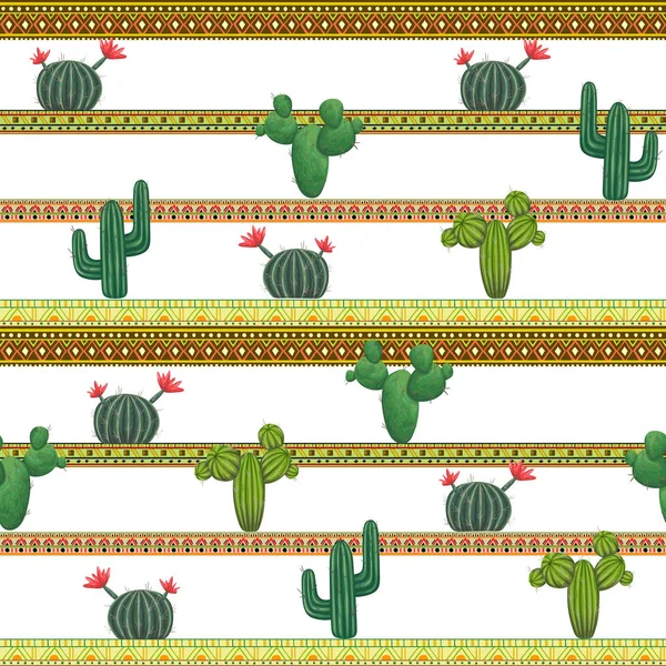 Patrón Mexicano Sin Costuras Con Cactus Ornamento Étnico Tribal Ilustración — Archivo Imágenes Vectoriales