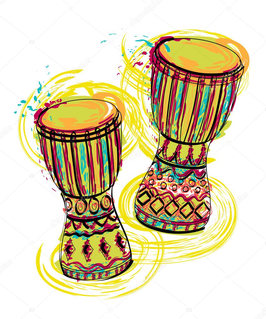 Drums tam tam with splashes in watercolor style. Colorful hand drawn vector illustration