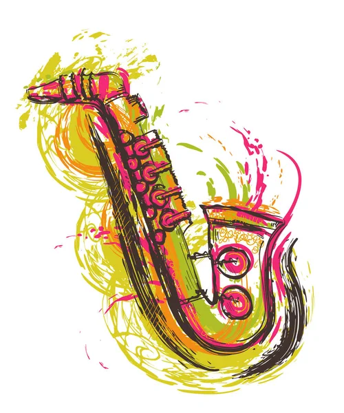 Saxofon Hand Dras Grunge Stil Konst Färgglada Vektorillustration — Stock vektor