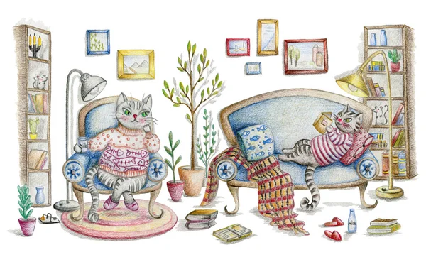 Gezellige Kamer Interieur Met Katten Meubilair Schattig Stripfiguren Handgeschilderde Getekende — Stockfoto
