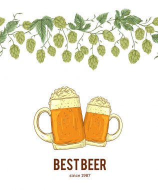 Atlama ve bardak bira ile sorunsuz sınır. Koniler, yaprakları ve dalları. İzole öğeleri. Suluboya tarzında vintage elle çizilmiş illüstrasyon
