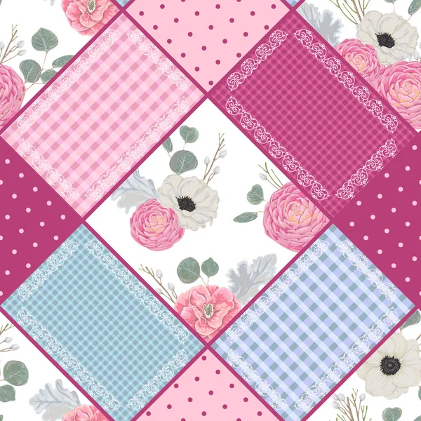 Patchwork Floral Sans Couture Avec Des Camélias Des Fleurs Anémone — Image vectorielle