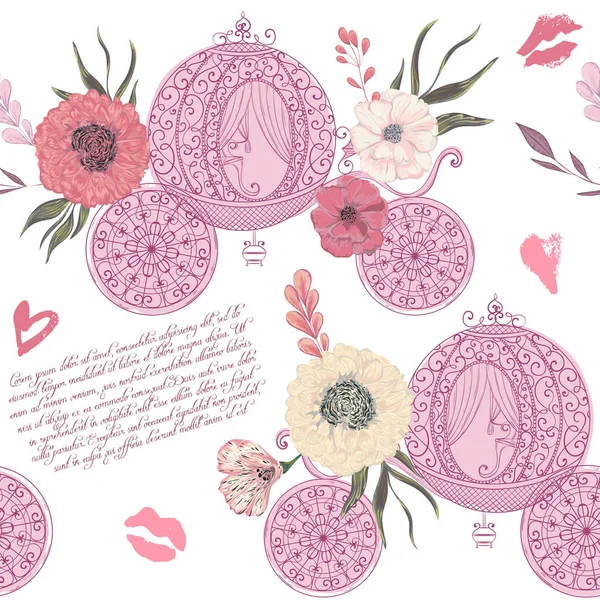 Patrón Vintage Sin Costuras Con Carruaje Besos Corazones Elementos Florales — Vector de stock