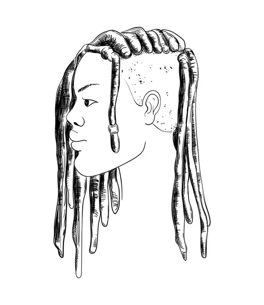 画像的妇女与辫子在外形 在白色背景下被隔离 素描风格中的黑白矢量图解 — 图库矢量图片