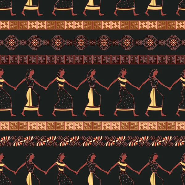 Бесшовный Рисунок Древнегреческим Орнаментом Танцующими Женщинами Традиционное Этническое Происхождение Винтажная — стоковый вектор