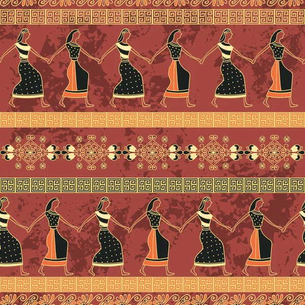 Nahtloses Muster Mit Antiken Griechischen Ornamenten Und Tanzenden Frauen Traditioneller — Stockvektor