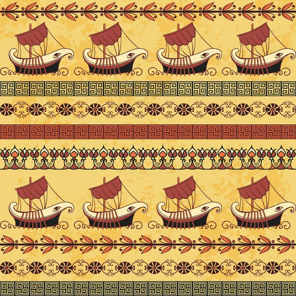古代ギリシャの船と飾りのシームレスなパターン 伝統的な民族的背景 ビンテージ ベクトル図 — ストックベクタ