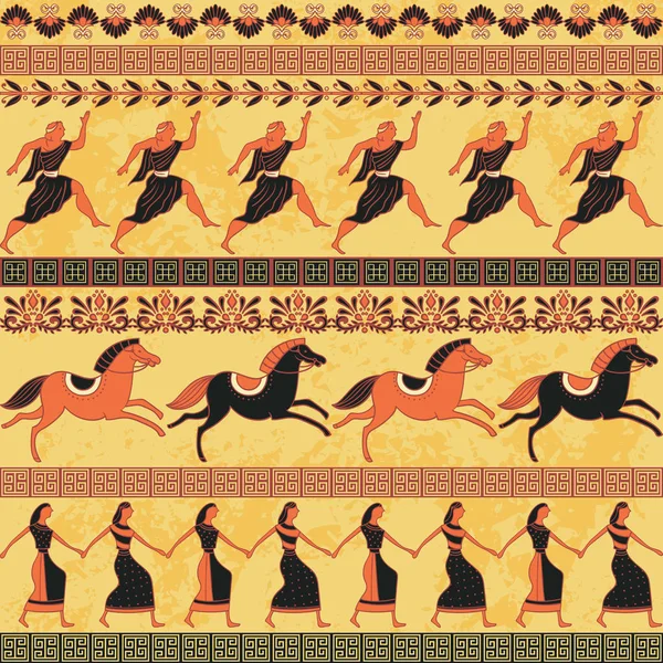 古代ギリシャ人 馬飾りとのシームレスなパターン 伝統的な民族的背景 ビンテージ ベクトル図 — ストックベクタ