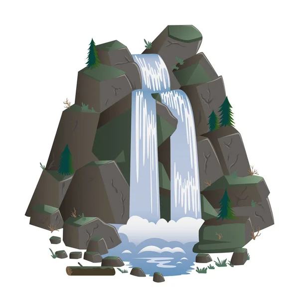 Waterfall Cartoon Landscapes Mountains Fir Trees Vector Illustration — Stock Vector