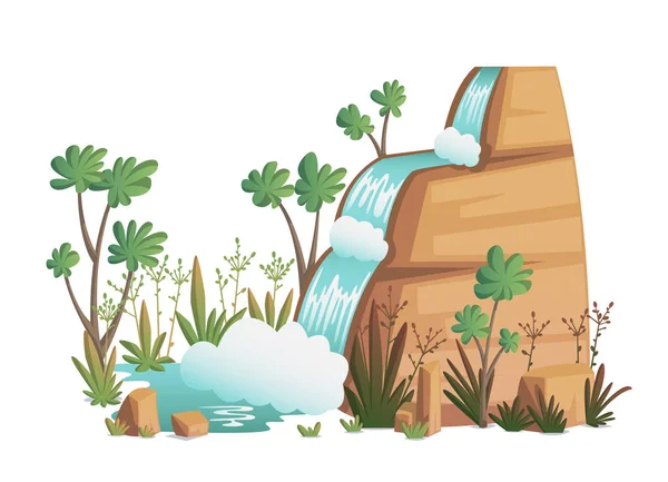 Waterval Cartoon Landschappen Met Bergen Bomen Struiken Vectorillustratie — Stockvector