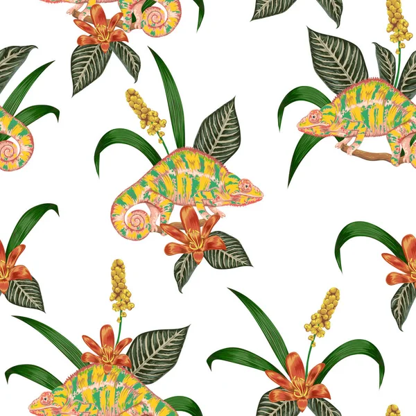 Patrón Sin Costuras Con Flores Tropicales Bayas Hojas Camaleón Fondo — Archivo Imágenes Vectoriales
