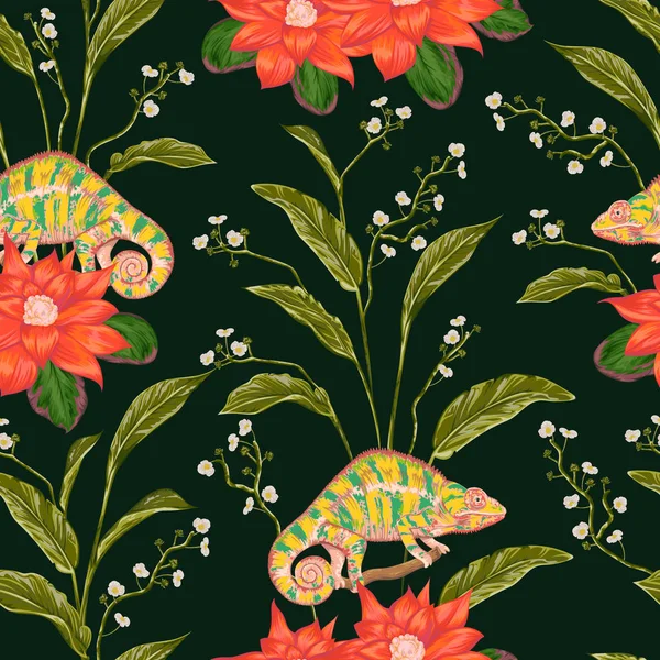 Motif Sans Couture Avec Fleurs Tropicales Feuilles Caméléon Contexte Botanique — Image vectorielle