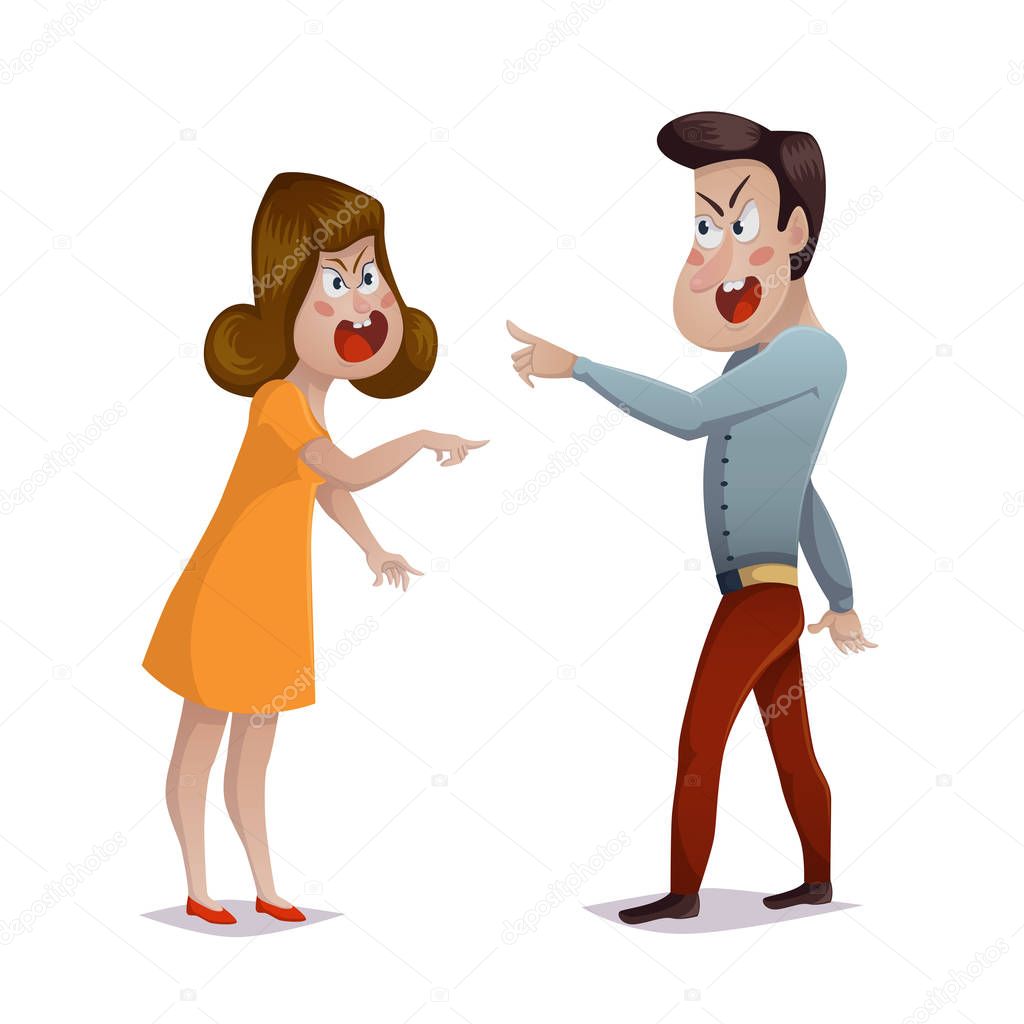 Quarrel. Young couple arguing. Man and woman shouting at each other. Problems in relationships, disagreement and conflict. Vector illustration 