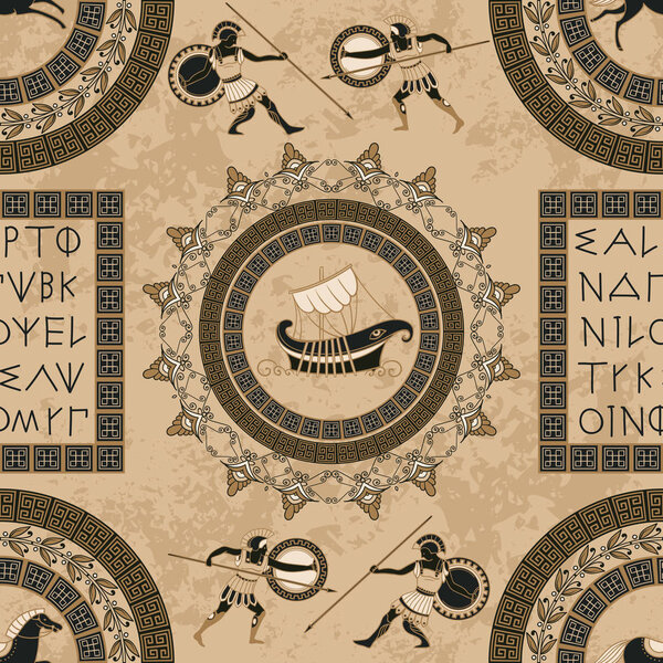 Seamless pattern with ancient greek letters, ships, horses, fighting people and ornament. Traditional ethnic background. Vintage vector illustration 