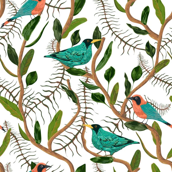 Modèle Sans Couture Avec Oiseaux Tropicaux Liane Feuilles Contexte Botanique — Image vectorielle