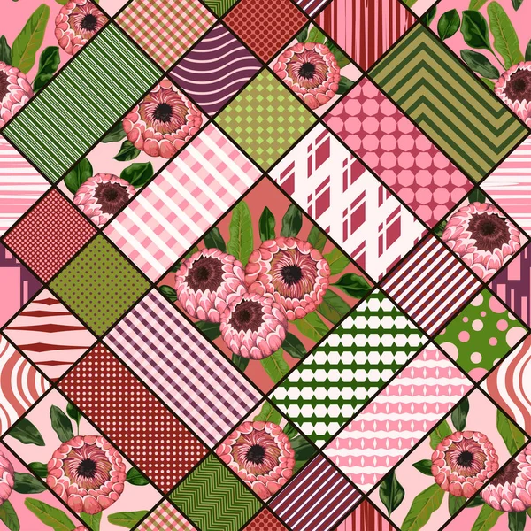 プロテアの花および幾何学的な装飾とシームレスなパッチワークのパターン 水彩風のビンテージ ベクトル図 — ストックベクタ
