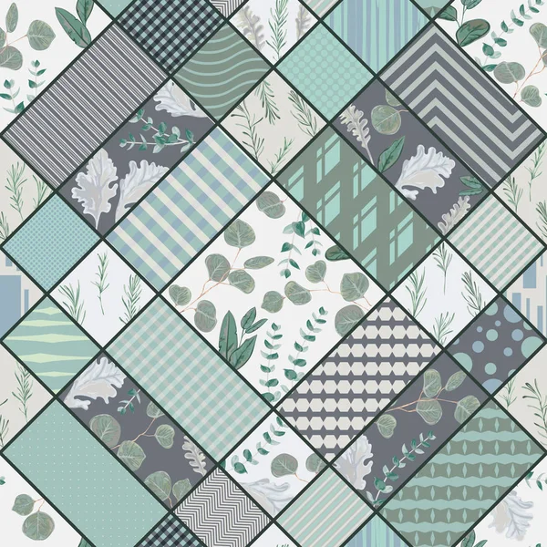 Motivo Patchwork Senza Cuciture Con Collezione Foglie Ornamento Geometrico Illustrazione — Vettoriale Stock