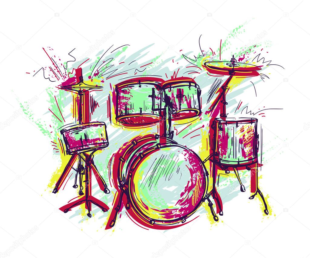 Drum kit with splashes in watercolor style. Colorful hand drawn vector illustration 