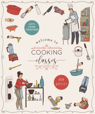 Yemek dersleri. Tasarım şablonu insanlarla yemek ve mutfak aletleri ve ev aletleri hazırlanıyor. İzole öğeleri beyaz arka plan üzerinde. Vektör çizim kroki tarzı 