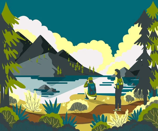 Couple Backpackers Hiking Mountain Landscape Enjoying Valley View Vector Illustration — Stock Vector