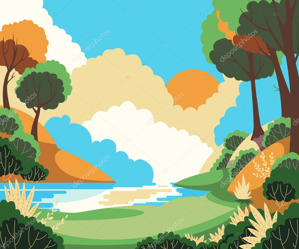 Beautiful summer landscape with sun, trees and river. Vector illustration 