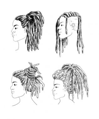 Portre profil dreadlocks ile kadın ve erkek. Beyaz arka plan üzerinde izole. Siyah ve beyaz vektör çizim kroki tarzı 