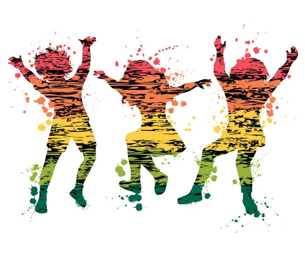 Niños Saltando Coloridas Siluetas Grunge Con Salpicaduras Estilo Acuarela Ilustración — Vector de stock