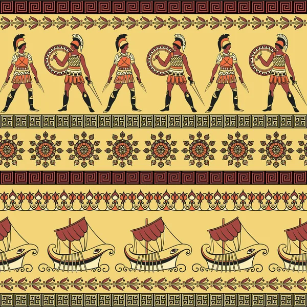 古代ギリシャ語とのシームレスなパターン船 と飾りとの戦い 伝統的な民族的背景 ビンテージ ベクトル図 — ストックベクタ