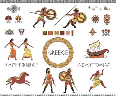 Antique Greece. Collection of decorative design elements. Ancient greek letters of alphabet, people, ship, horse and ornament. Traditional ethnic objects on white background. Vector illustration clipart