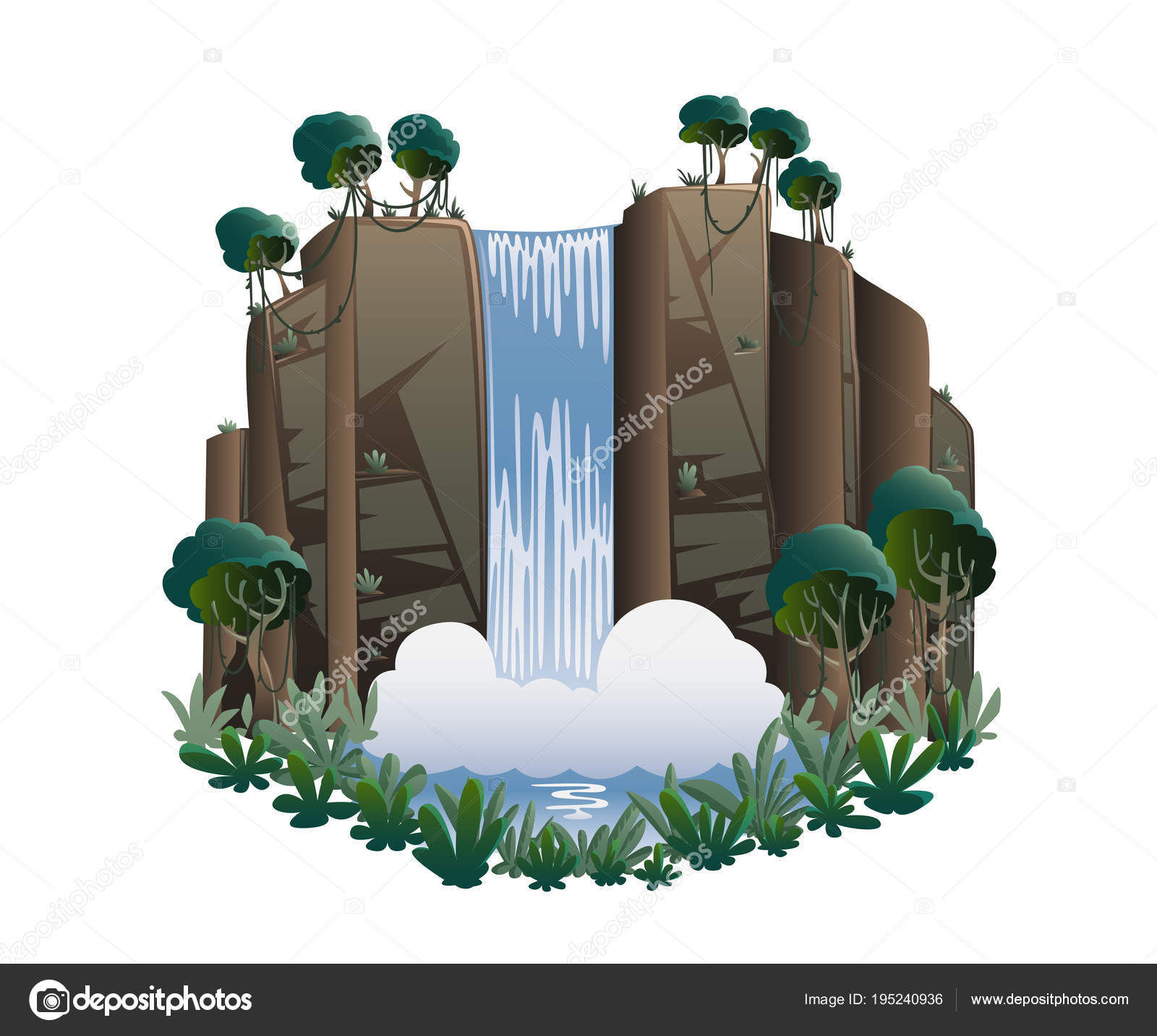 Cartoon landscape mountains | Waterfall Cartoon Landscape Mountains