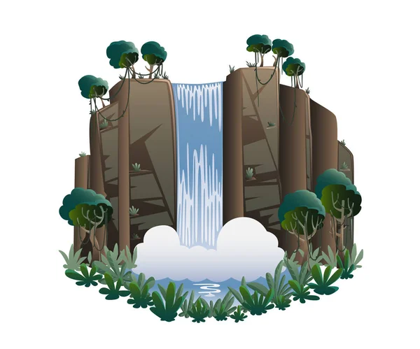 Wasserfall Cartoon Landschaft Mit Bergen Bäumen Und Büschen Vektorillustration — Stockvektor