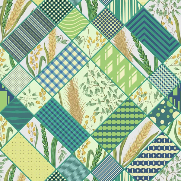 Naadloze Patchwork Patroon Met Granen Geometrische Sieraad Gerst Tarwe Rogge — Stockvector