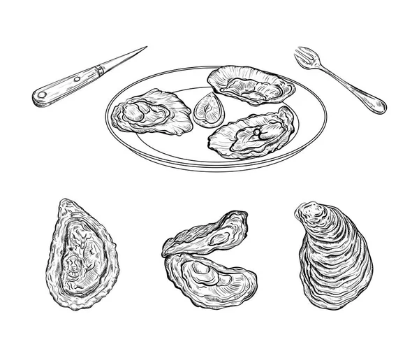 有牡蛎和餐具的盘子 雕刻风格 在白色背景下被隔离 矢量插图 — 图库矢量图片