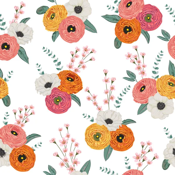 ラナンキュラスの花 スパイラル ユーカリ アルストロメリアでシームレスなパターン 花の背景の装飾的な休日 水彩風のビンテージ ベクトル図 — ストックベクタ