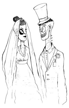 Hayalet düğünü. Gelin gelinliği giymiş iskeletler. Komik çizgi film karakterleri. Vektör illüstrasyonu