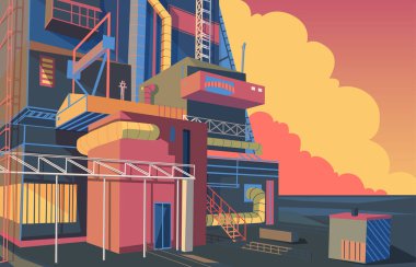 Modern fabrika binası ve deposu olan sanayi manzarası. Gündoğumu ve bulutlu gökyüzü ile endüstri bölgesi. Vektör illüstrasyonu