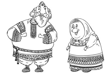 Couple of seniors dressed in traditional Russian folk costumes. Funny cartoon characters. Black and white vector illustration