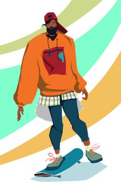 Genç kaykaycı ata biniyor, eğleniyor, antrenman yapıyor. Komik çizgi film karakteri. Beyaz arka planda izole edilmiş. Vektör illüstrasyonu